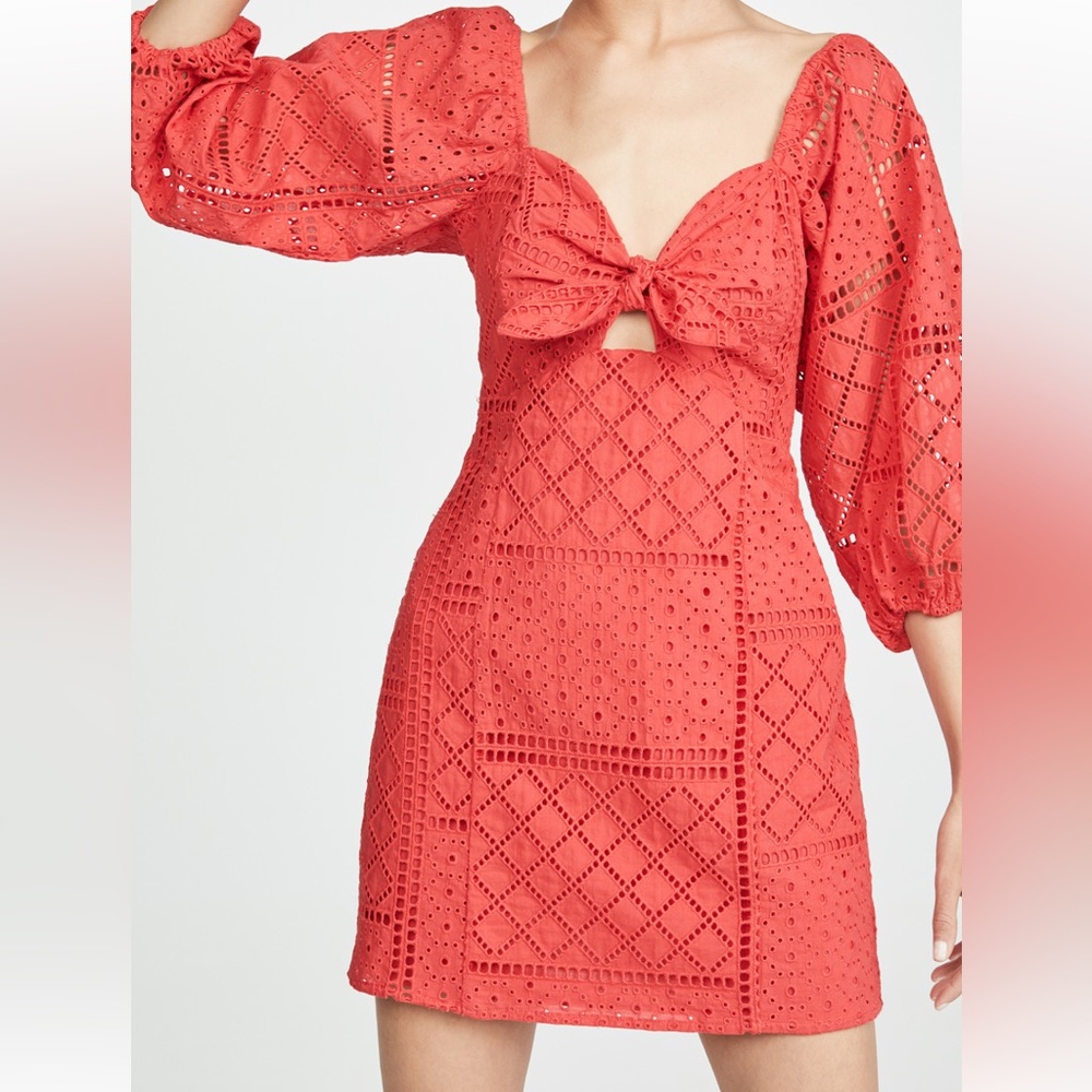 Parker Red Eyelet Off the Shoulder Mini Dress, 4